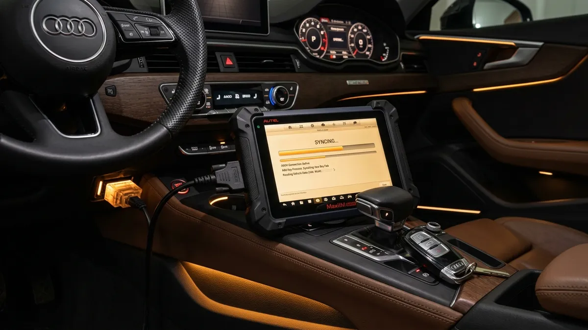 Automotive diagnostic tablet plugged into car OBD-II port syncing with smart key fob