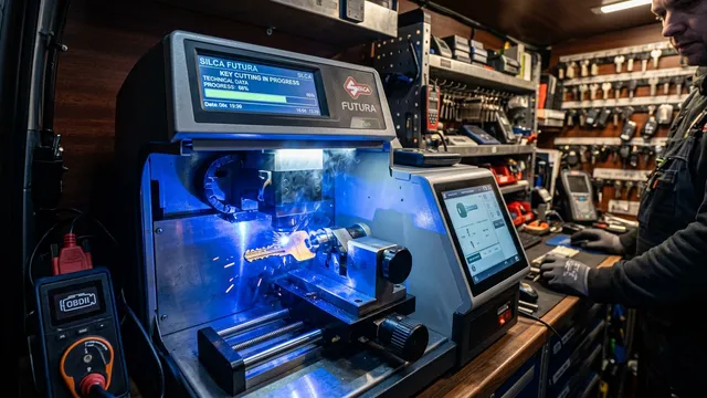 Automated computerized laser key cutting machine carving high-security grooves into a blank car key