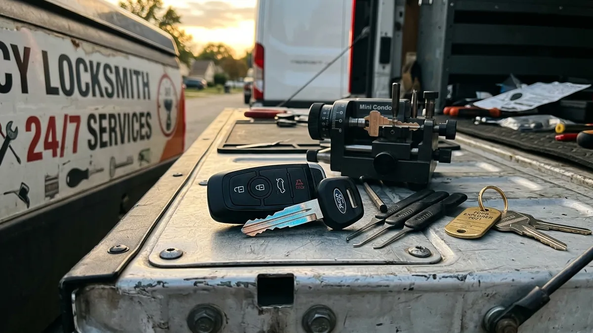 Automotive transponder key and electronic fob resting on a service tailgate with precision cutting equipment