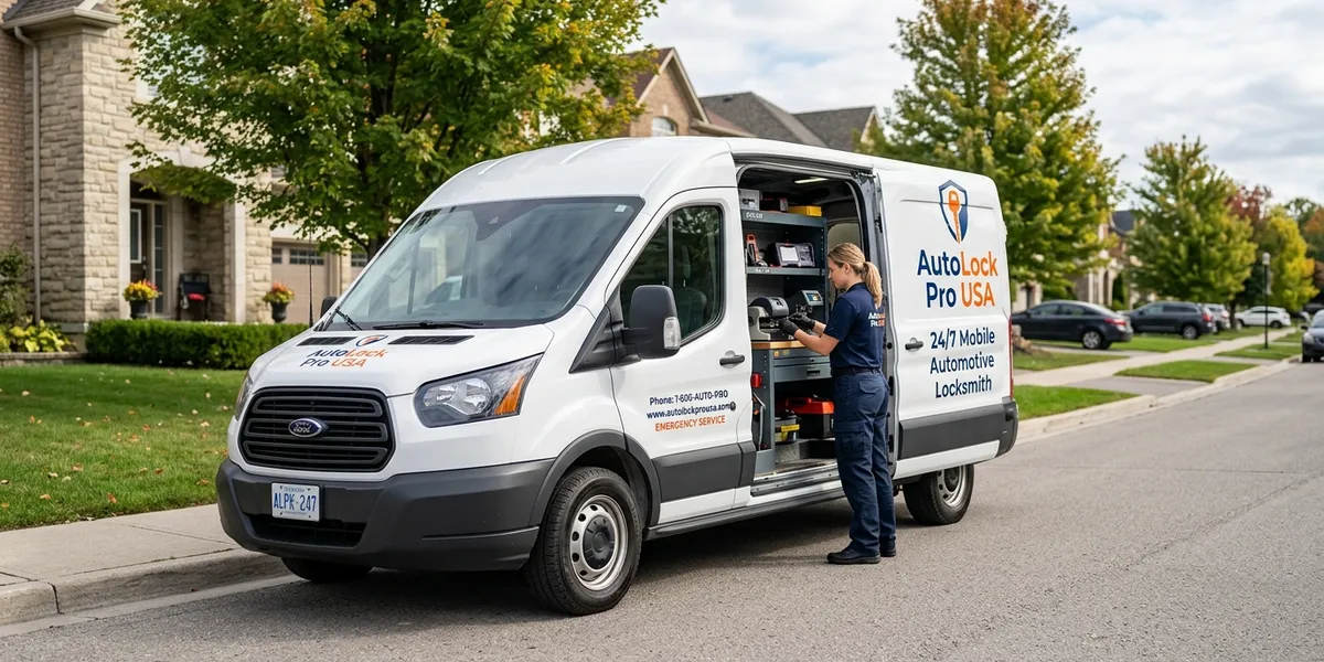 Mobile locksmith van equipped with laser key cutting machines parked at curb